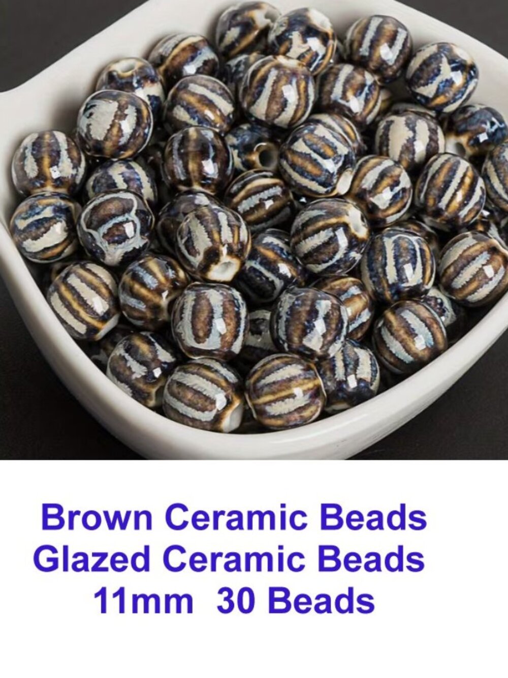 Brown Ceramic Beads - Vintage Round Glazed Ceramic Beads  11mm  30 Beads
